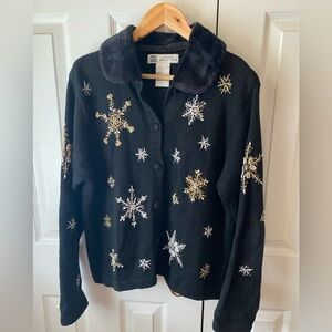 VINTAGE Studio Collection Black Snowflake Embellished Faux Fur Collar Cardigan L